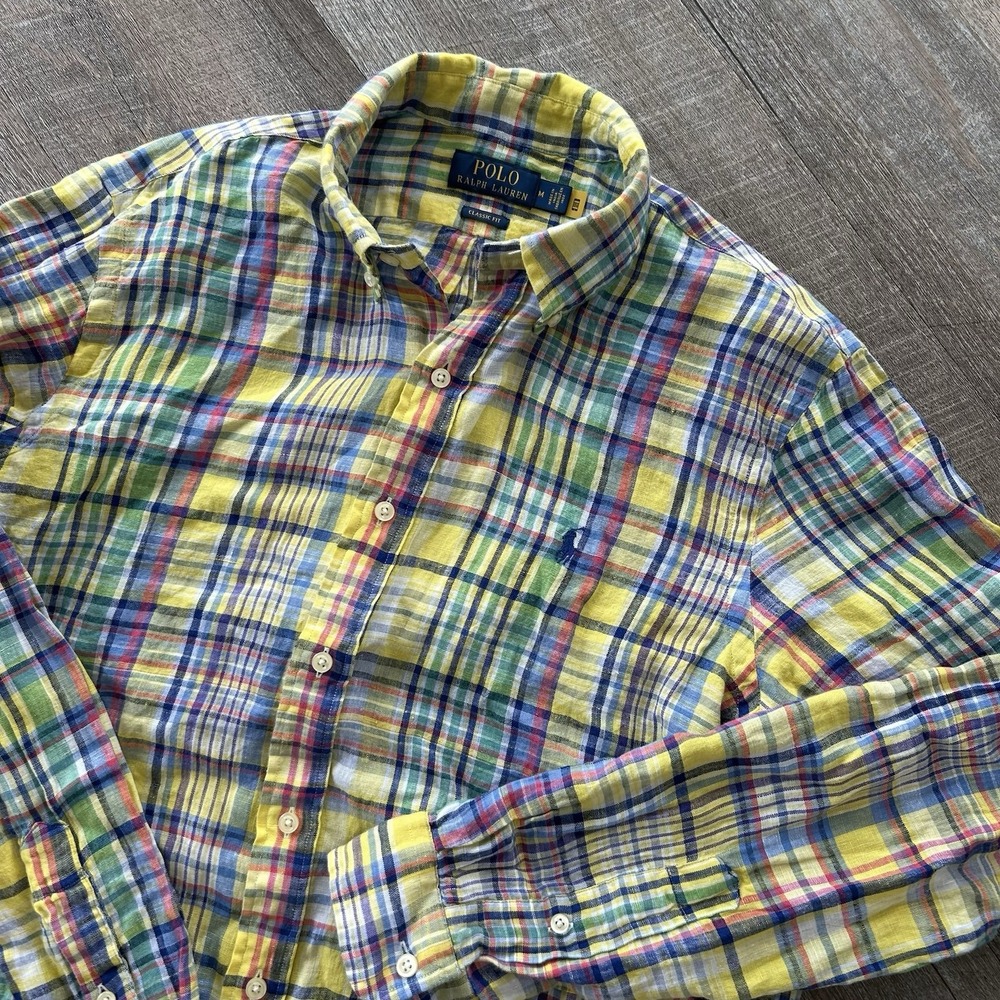 Polo Ralph Lauren Linen Shirt Medium Multi Madras Plaid Button Down Oxford Slim